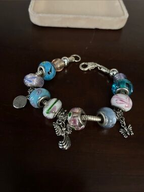 Religious theme Multicolor Glass Bead Charm Bracelet - Blue & Pink